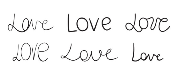Collection of writing Word Love in different Handwritten and Calligraphic styles. Set of Lettering for romantic designs, wedding invitations, cards. Various Typography. Thin Text. Vector illustration