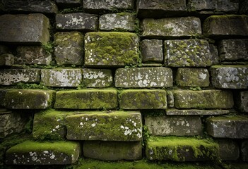 Naklejka premium A stone wall with moss growing on it.