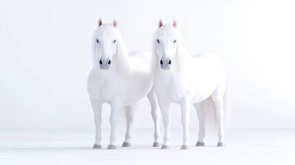 Two White Horses Minimalist Style High-Resolution Lighting Front View Soft Coats Standing Pose White Studio Background Pure White Mood Ideal for Equestrian Branding