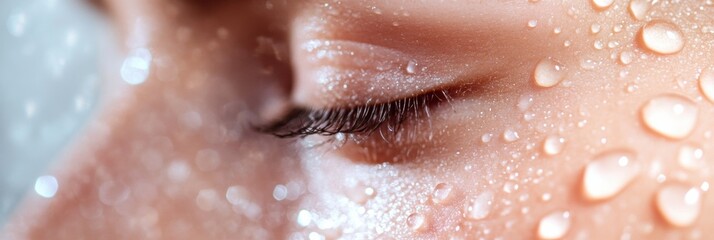 Fototapeta premium Healthy glowing skin with moisture droplets illuminated in soft golden light showcasing skincare excellence and radiance
