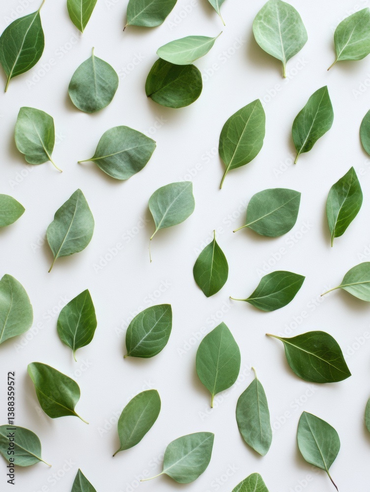 Aufkleber structured flat-lay of eucalyptus leaves showcasing fresh botanical minimalism on a soft white surfa