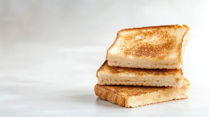 Three slices of toasted bread stacked on a white surface, close-up view with soft lighting, and simple and minimalist composition.