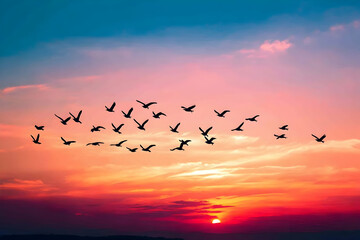 A flock of birds soaring across a vibrant sunset sky