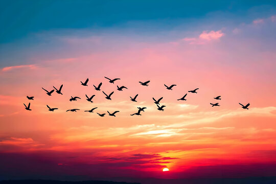 A flock of birds soaring across a vibrant sunset sky - Powered by Adobe