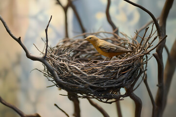 A small yellow bird sits nestled in a woven nest