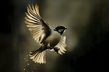 A small bird is flying with spread wings towards the light