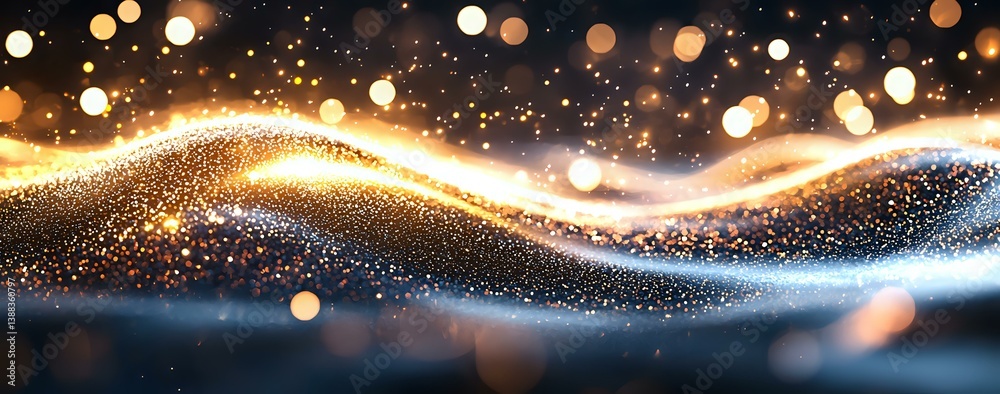 Poster glowing golden and blue waves with sparkling particles and bokeh lights creating magical flowing abs