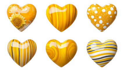 Png of Six vibrant yellow hearts in varying textures and patterns, perfect for expressing warmth and joy on transparent background.