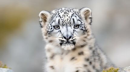 Fototapeta premium Close-up of a snow leopard cub. A young, adorable snow leopard, with its distinct spotted fur, looks directly at the camera