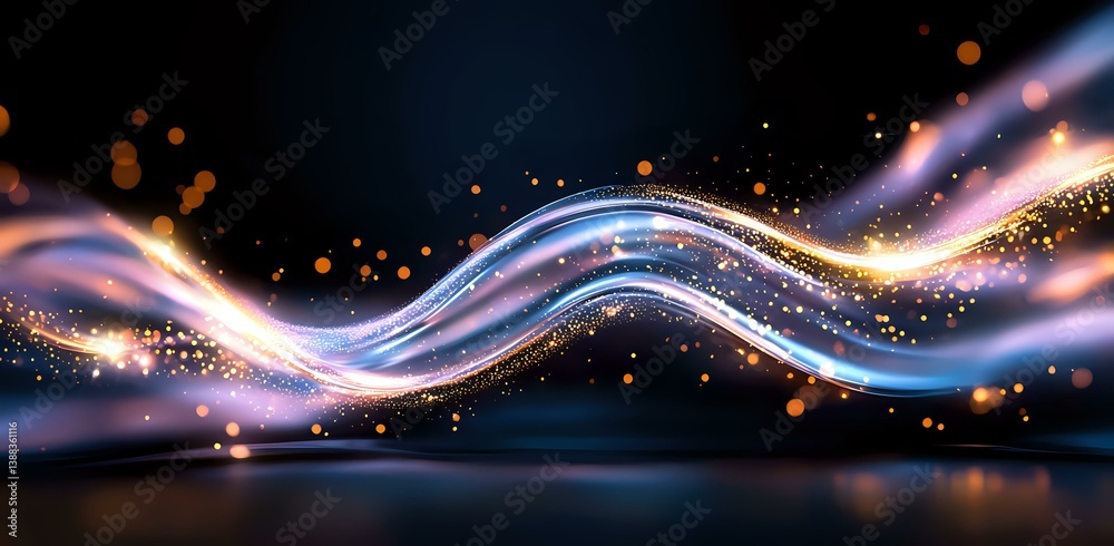 Poster glowing wavy lines with sparkles and light effects on dark background create dynamic motion and ener