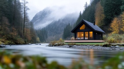 Cozy cabin nestled beside a flowing river in a scenic valley