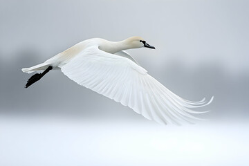 Fototapeta premium A majestic white bird gracefully soaring across a misty background
