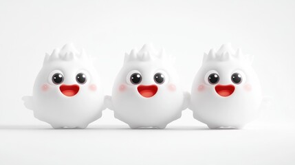 Fototapeta premium Three cute, white, cartoon ghost figures stand in a row. They have large eyes and happy expressions. The image is digitally rendered, high quality, and brightly lit. The style is simple and cheerful