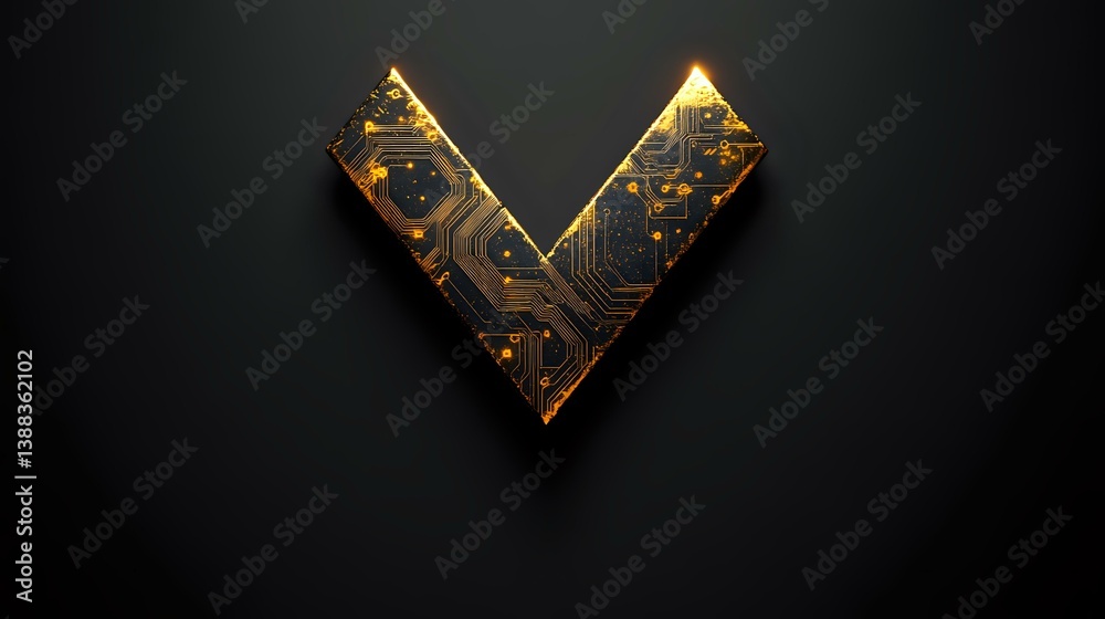 Poster golden circuit board in v shape on dark background with glowing elements and technological pattern, 