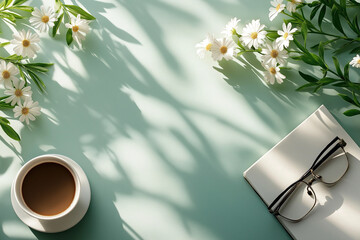 Minimal Workspace Flat Lay with Coffee, Glasses, and Flowers in Soft Natural Light