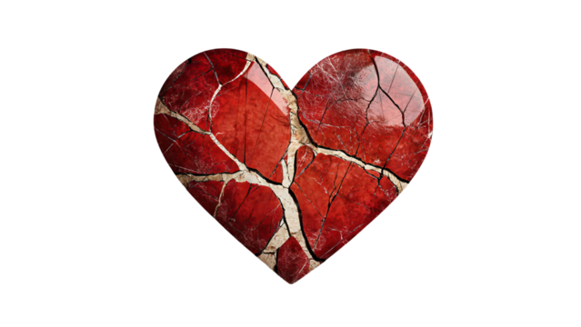 Png of A stunning cracked red heart symbolizing love and resilience on transparent background.