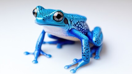 Obraz premium Vibrant Blue Frog High-Definition Close-Up Studio Lighting Side Profile View Intricate Detailing Posing for Camera White Background Electric Blue Hues Perfect for Nature Ads
