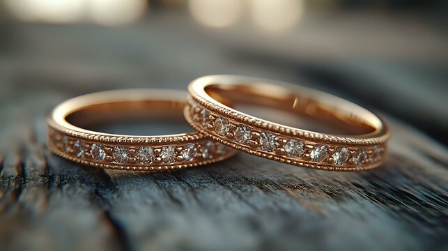 Rose gold wedding bands with intricate vintage-style diamond detailing rest on rustic wooden surface in warm lighting, showcasing delicate craftsmanship and romantic symbolism. - Powered by Adobe