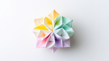 A colorful origami flower, composed of multiple pastel-colored folded paper units, is presented. The flower is the central focus against a plain white background. The image boasts high resolution and