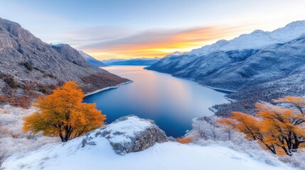 A serene lake nestled between snow-capped mountains is the focal point. Autumnal trees dot the snowy foreground, contrasting with the cold landscape. High-resolution, vibrant colors, and natural lig