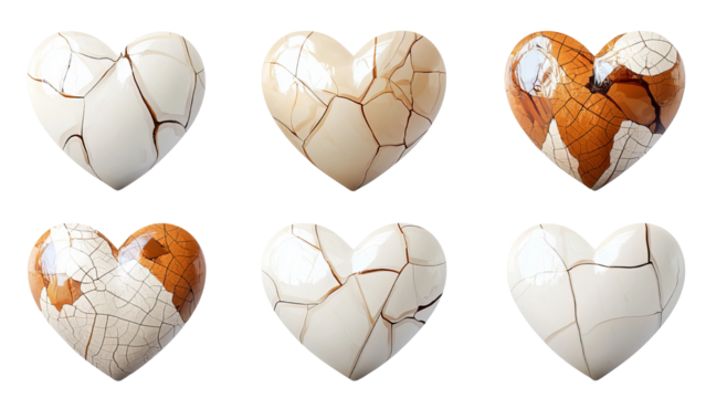 Png of Artistic heart-shaped ceramics with unique textures and colors, showcasing a blend of elegance and craftsmanship on transparent background.