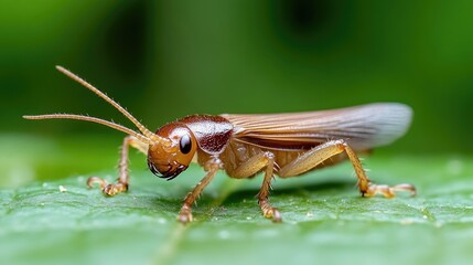 Close-up of a brown insect on a leaf.  A small, light brown insect, likely a katydid or similar orthopteran, is prominently featured on a vibrant green leaf.