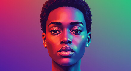 Vibrant Portrait of a Young Black Woman with Short Hair Lit with Neon Colors