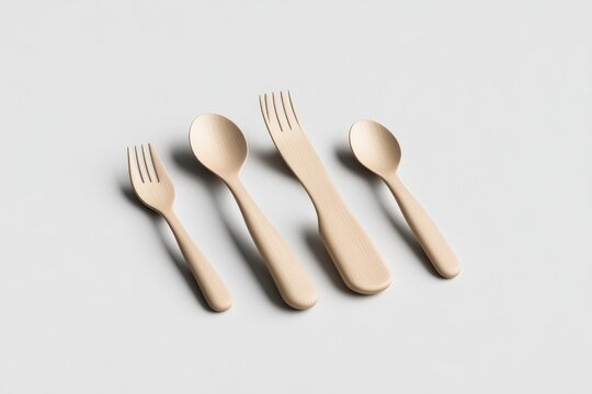 Beige, minimalist cutlery set.  Four pieces spoon, fork, and a smaller forkknife combination.  Simple, smooth design.  Ideal for kids or adults