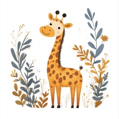 Fototapeta premium an adorable illustration of a friendly giraffe with a long neck standing in a field of plants and flowers. This heartwarming artwork has soft colors and a whimsical design. 