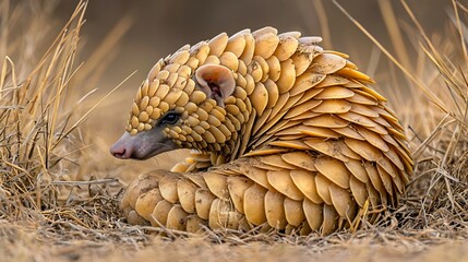 Obraz premium Pangolins golden scales focus curled in muted savannah grass armored vulnerability