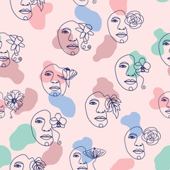 Female portrait Outline woman face, abstract flowers leaves, line continuous drawing vector seamless pattern