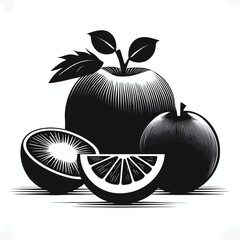 A black and white minimalist vector silhouette of Juicy Fresh Fruits