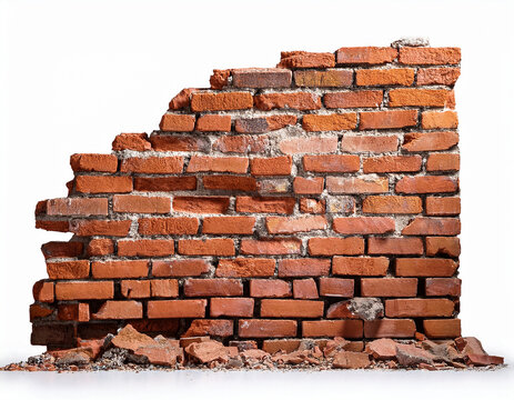 destroyed brick wall cut out isolated on white background