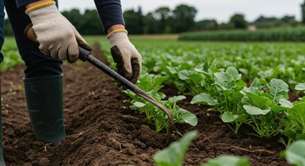 Farmer Using a Manual Weed Puller in a No-Till Field