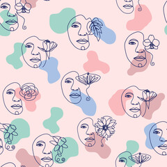 Female portrait Outline woman face, abstract flowers leaves, line continuous drawing vector seamless pattern