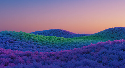 Surreal Sunset Landscape Vibrant Purple Green Hills Dreamlike Scenery