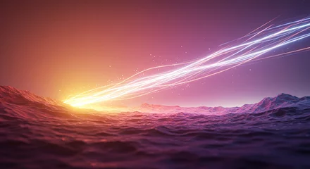 Abstract cosmic landscape with glowing light trails and vibrant sunset colors