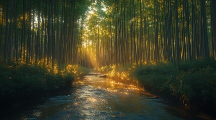 Fototapeta premium A tranquil bamboo forest with warm golden light filtering through the tall stalks, a small stream winding its way through the lush greenery, creating a peaceful ambiance,