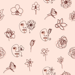 Female portrait Outline woman face, abstract flowers leaves, line continuous drawing vector seamless pattern.