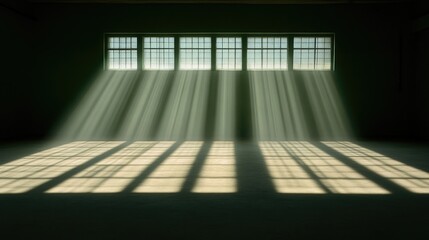 Sunlight streams through barred windows into a dark interior