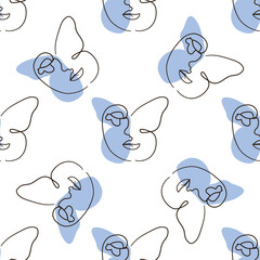Woman face Continuous line seamless pattern. Abstract Female portrait with Butterfly. Drawing vector Wallpaper, fabric, wrapping paper, card, poster