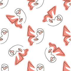 Woman face Continuous line seamless pattern. Abstract Female portrait with Butterfly. Drawing vector Wallpaper, fabric, wrapping paper, card, poster