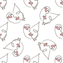 Woman face Continuous line seamless pattern. Abstract Female portrait with Butterfly. Drawing vector Wallpaper, fabric, wrapping paper, card, poster