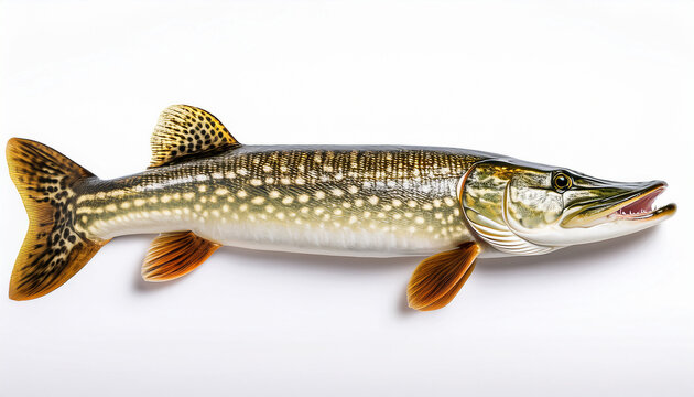 a detailed macro photograph of a solitary northern pike isolated on a pure white background