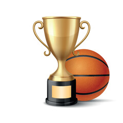 Realistic 3d Basketball Championship Trophy, Vector Illustration. Golden Winner Cup and Basketball Ball. Sports Award, Victory Symbol. Competition, League, Team Achievement, Sport Event Concept