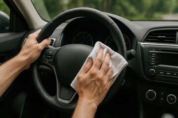 Hands cleaning car steering wheel with cloth in natural setting  