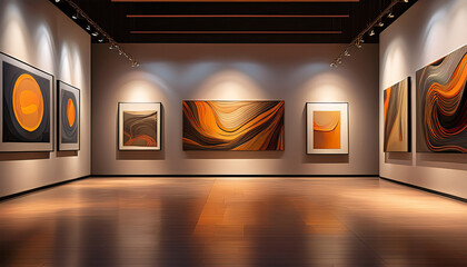 abstract art display in modern gallery with ambient lighting and smooth finish generative ai
