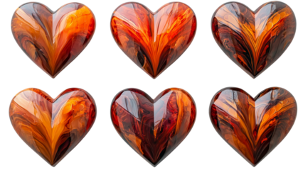 Png of Vibrant orange and red hearts showcase a stunning marbled effect, perfect for expressing passion and love on transparent background.