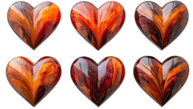 Png of Vibrant orange and red hearts showcase a stunning marbled effect, perfect for expressing passion and love on transparent background.