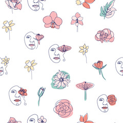 Woman face Continuous line seamless pattern. Abstract Female portrait with flowers. Drawing vector Wallpaper, fabric, wrapping paper, card, poster